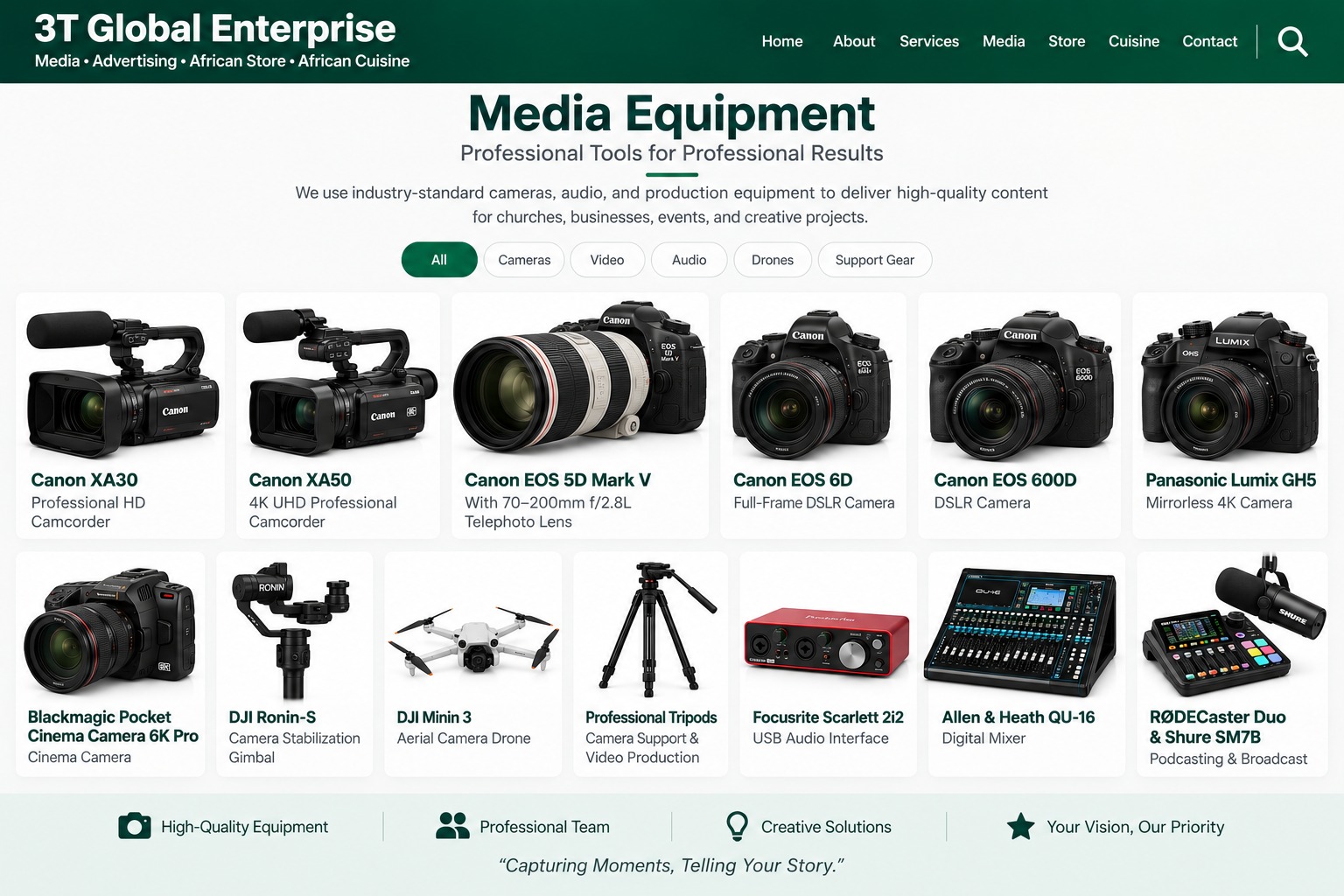 3T Global Enterprise media equipment including Canon EOS 5D Mark V with telephoto lens